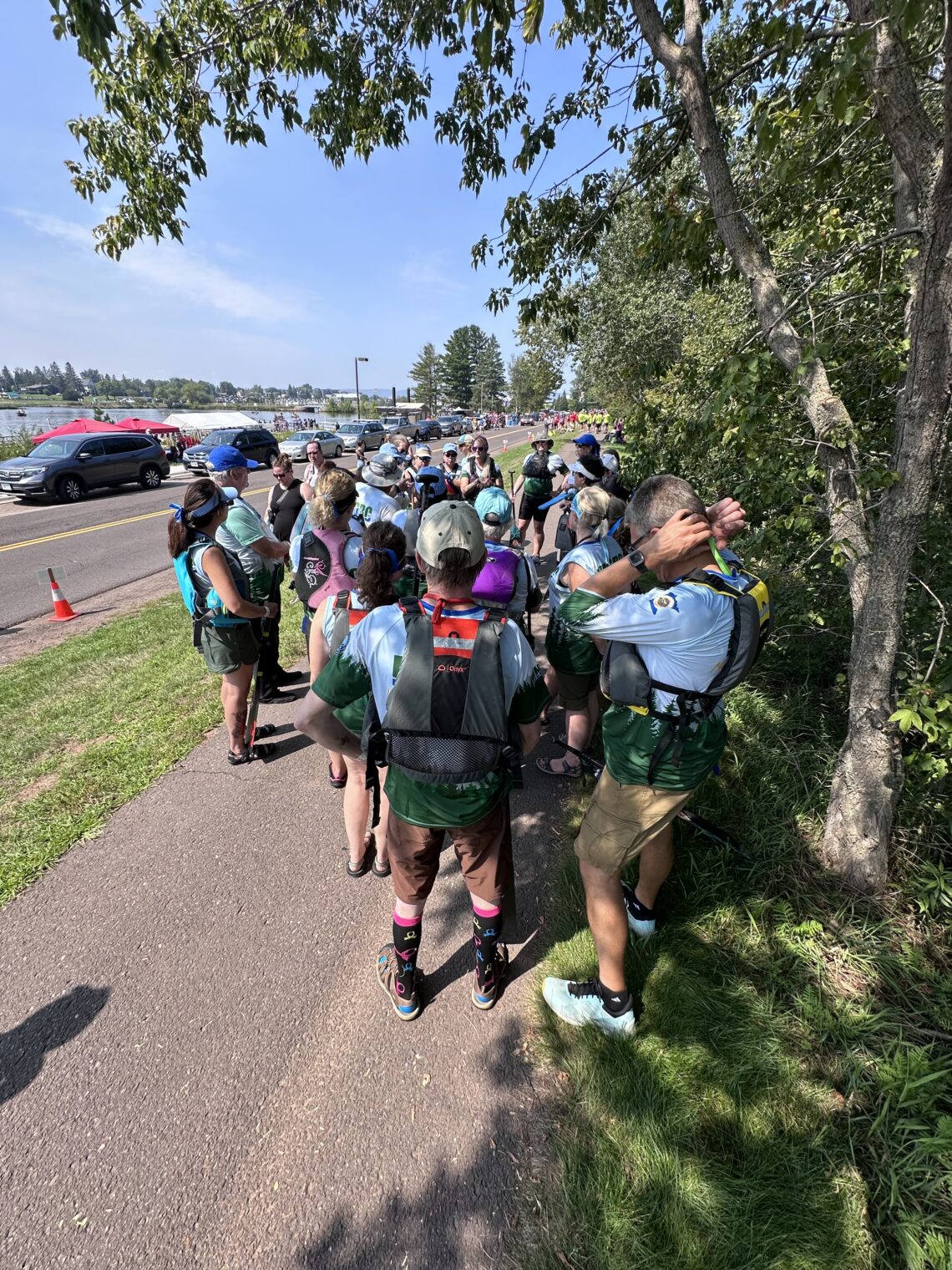 Getting ready to move into the marshaling area at the Lake Superior Dragon Boat Festival